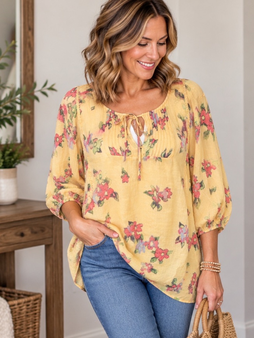 Zac & Rachel Yellow Floral Tie-Front Peasant Blouse